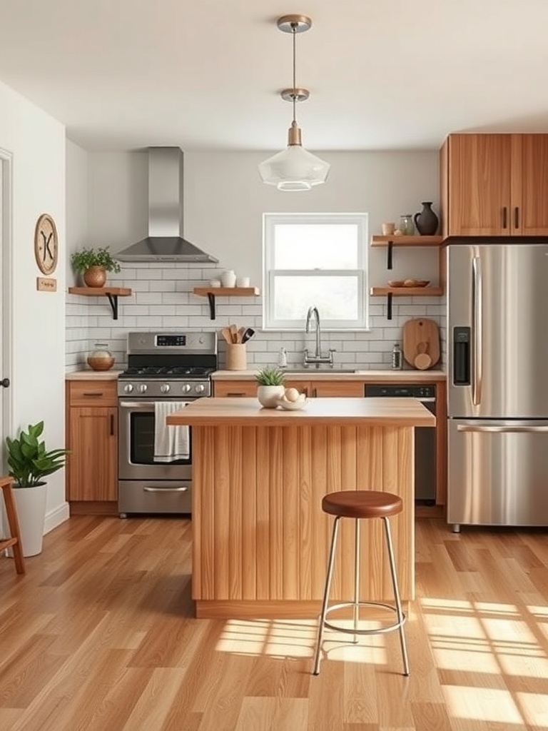 A modern small kitchen featuring a wooden kitchen island with a bar stool, stainless steel appliances, and open shelving.