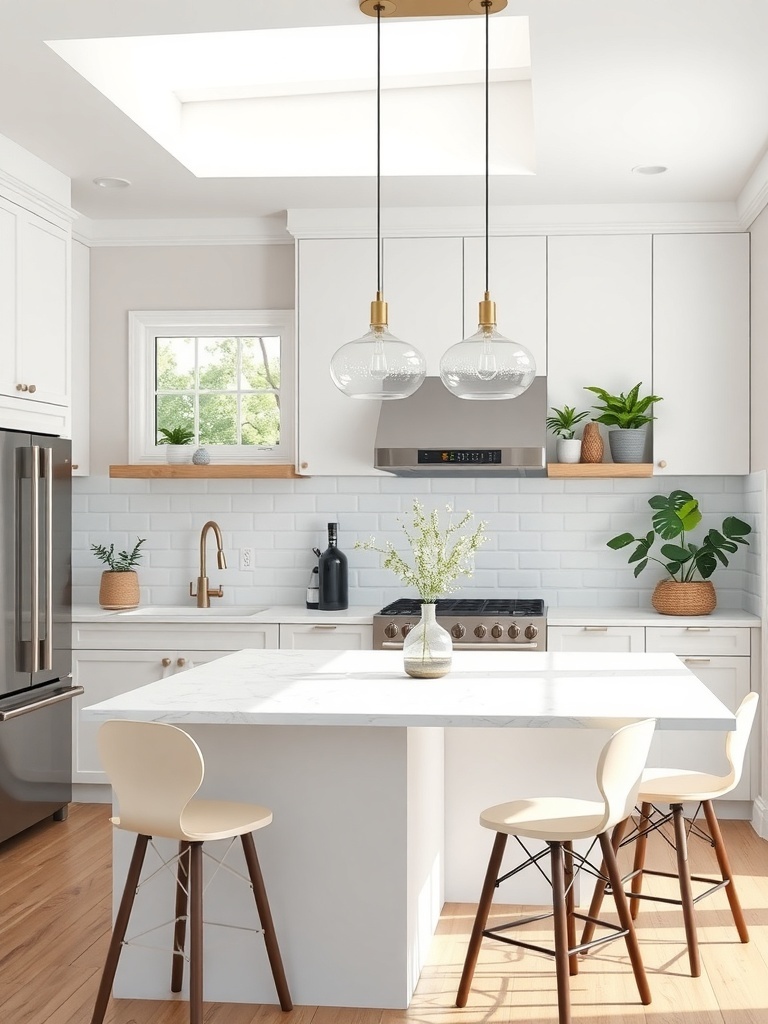 A modern kitchen featuring a white island with bar stools, bright lighting, and plants.
