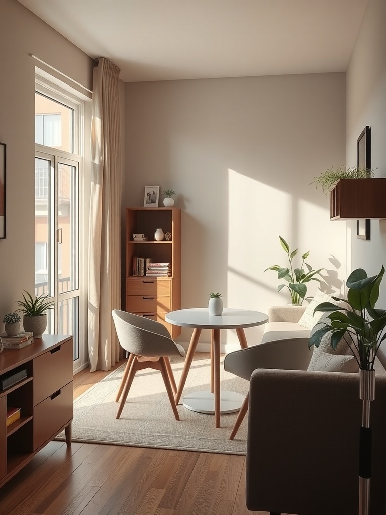 Cozy small meeting space with a round table and chairs, surrounded by plants.