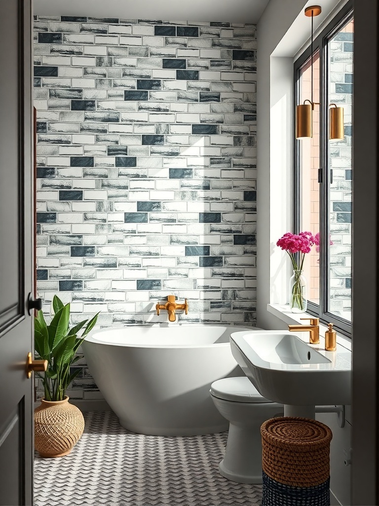 A modern small bathroom featuring bold accents with gold fixtures, textured wall tiles, a round bathtub, and plants.