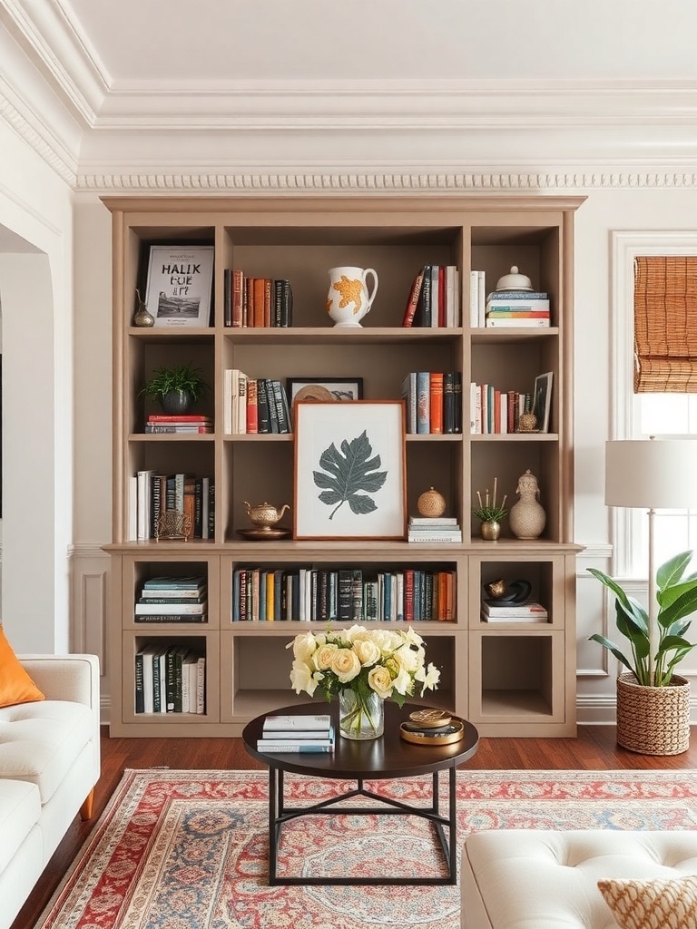 A cozy living room featuring a well-arranged bookshelf filled with books and decorative items.