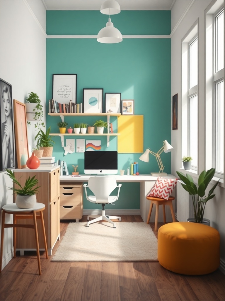 A compact home office featuring a turquoise accent wall, colorful decor, and plants.