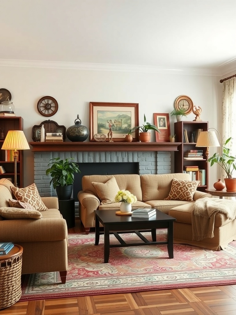 Cozy living room with family heirlooms, including framed art and decorative pieces.