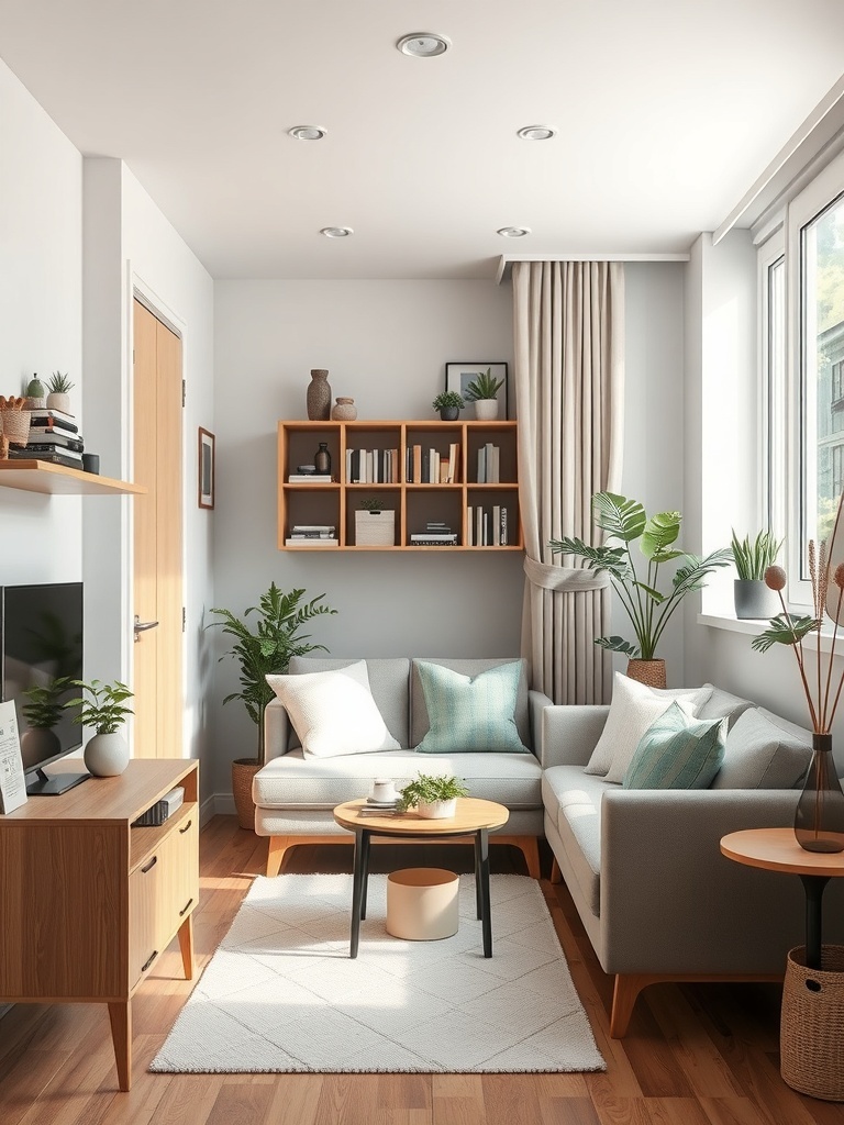 Cozy studio apartment with foldable furniture and plants.