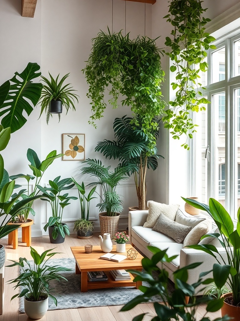 A modern living room filled with various plants, featuring a cozy couch and wooden furniture.