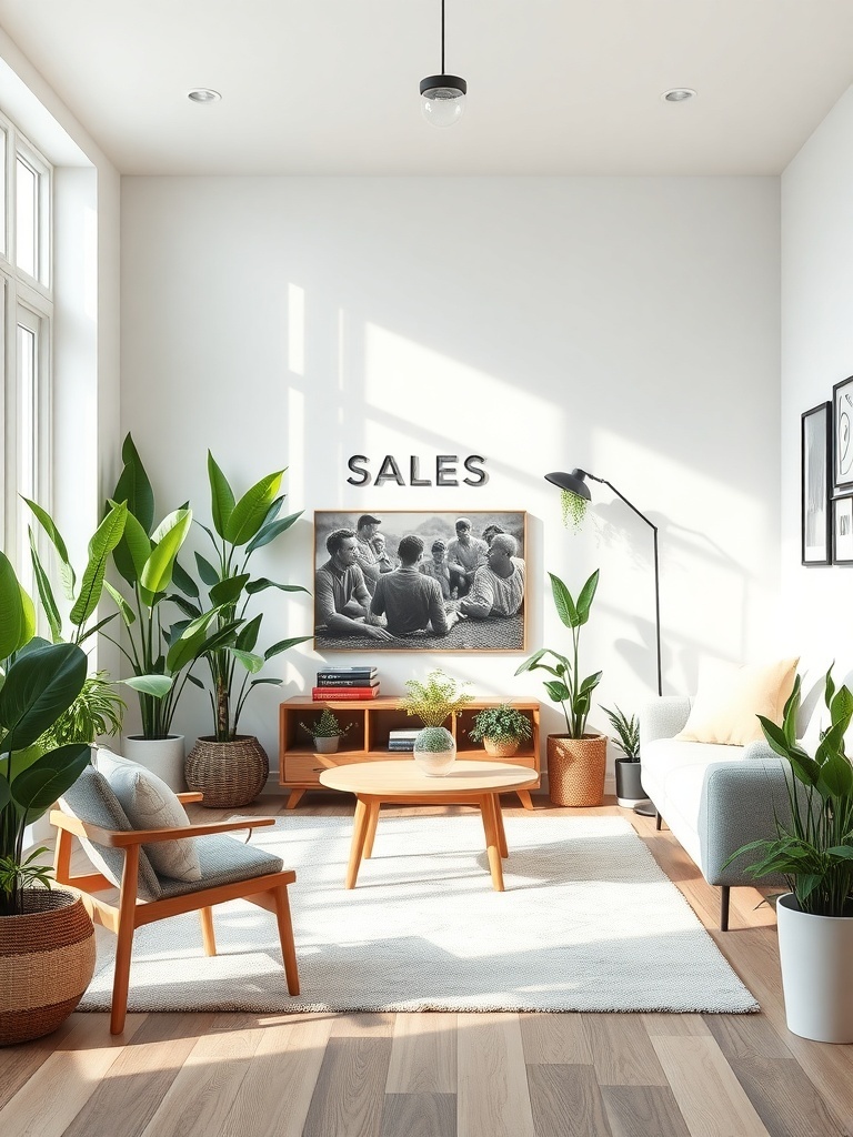 A Scandinavian living room featuring various plants, a cozy seating area, and a light color palette.