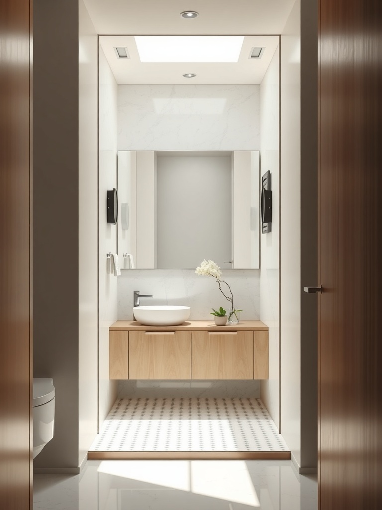 A modern small bathroom featuring a large mirror above a sink, with natural light from a skylight.