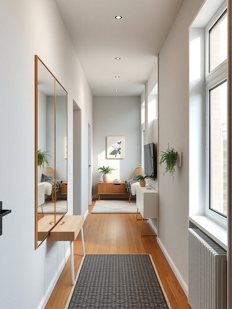 A narrow apartment hallway featuring a large mirror, light wood accents, and modern decor.