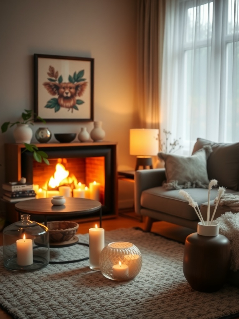 A cozy living room with candles, a warm fire, and soft lighting.