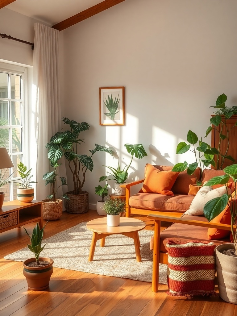 Cozy living room with plants, wooden furniture, and warm sunlight