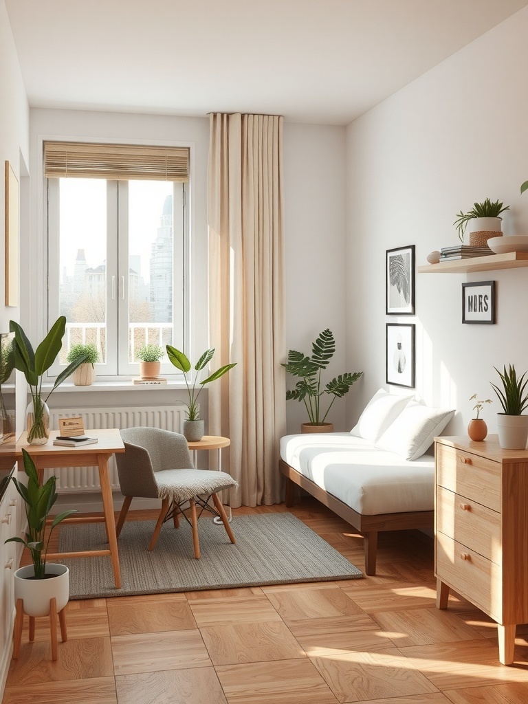 A cozy studio apartment with plants, natural light, and wooden furniture.