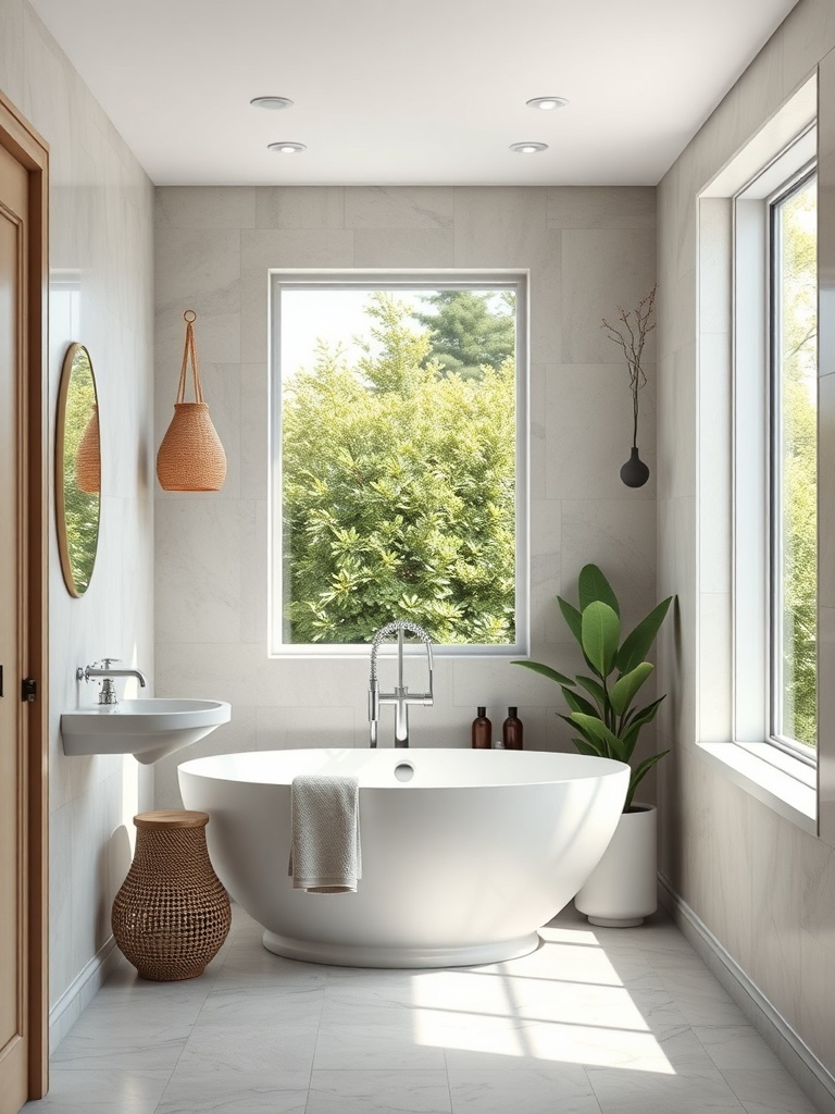 A small bathroom with large windows, a freestanding tub, and plants, showcasing natural light.