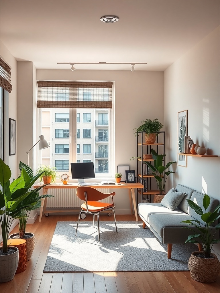 A compact home office with a desk by a window, plants, and a cozy atmosphere.