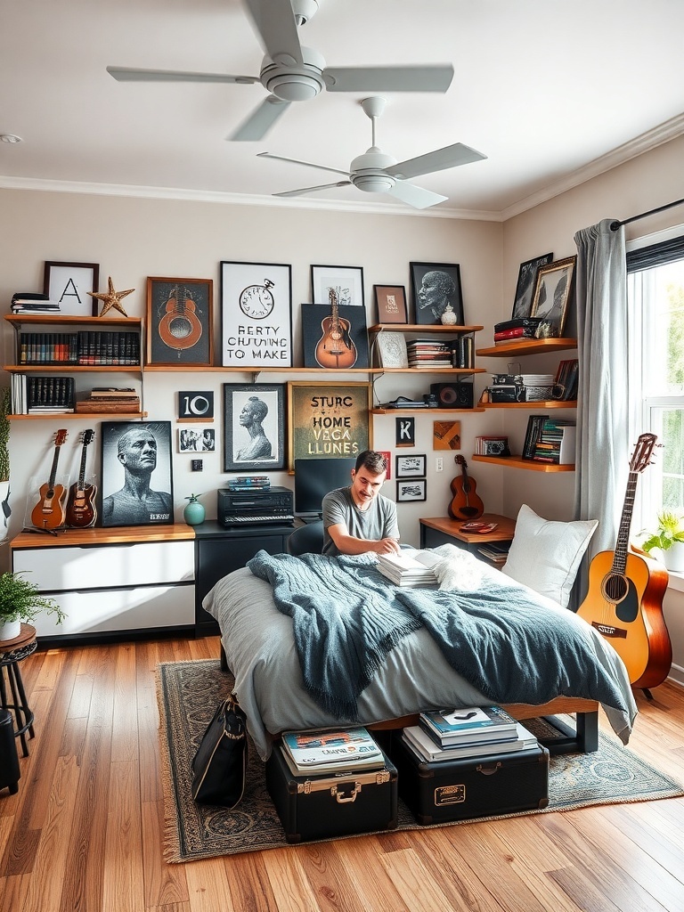 A modern bedroom with a cozy bed, wall art, and guitars, reflecting personal hobbies.
