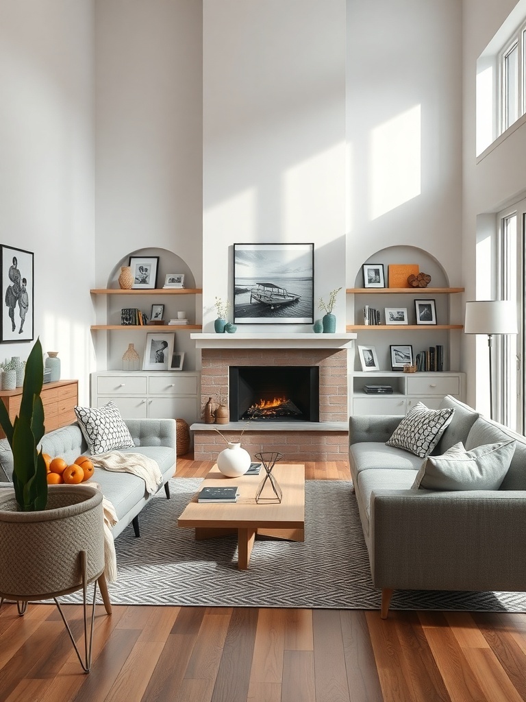 A cozy Scandinavian living room with a fireplace, light-colored furniture, and personal decor elements.