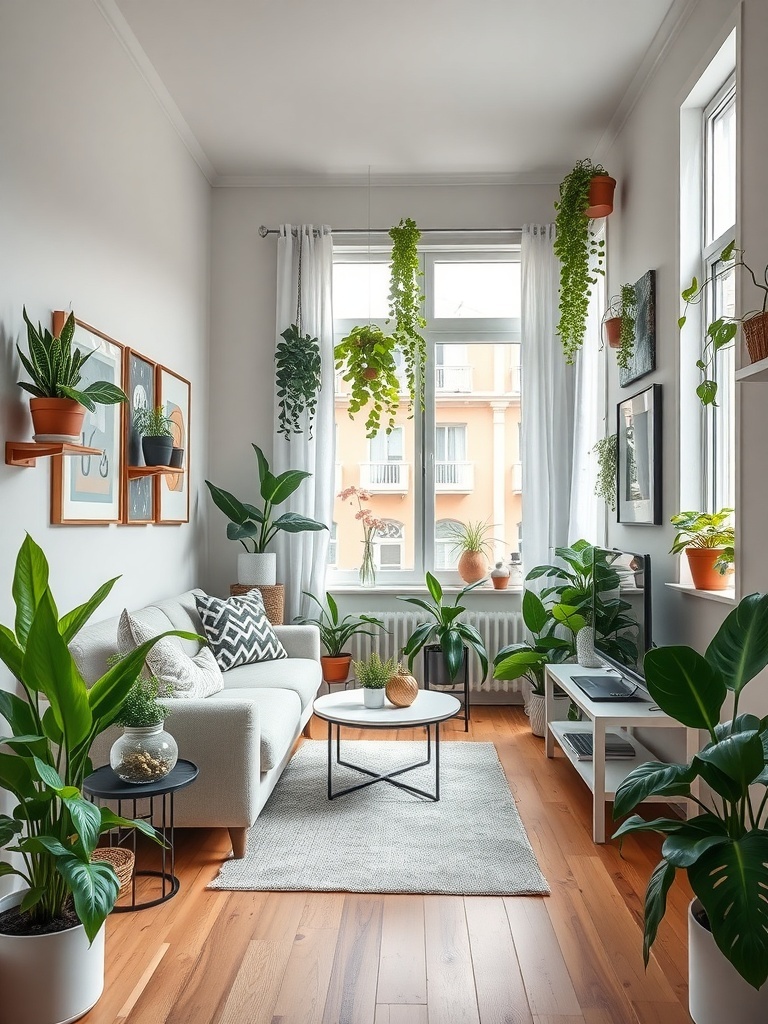 A cozy living room filled with various indoor plants, showcasing a bright and lively atmosphere.