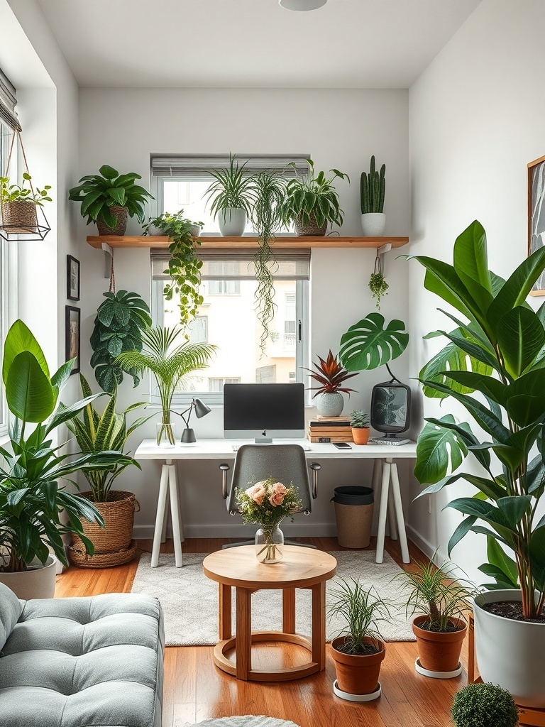 A cozy home office filled with various indoor plants, showcasing a desk, chair, and decorative elements.