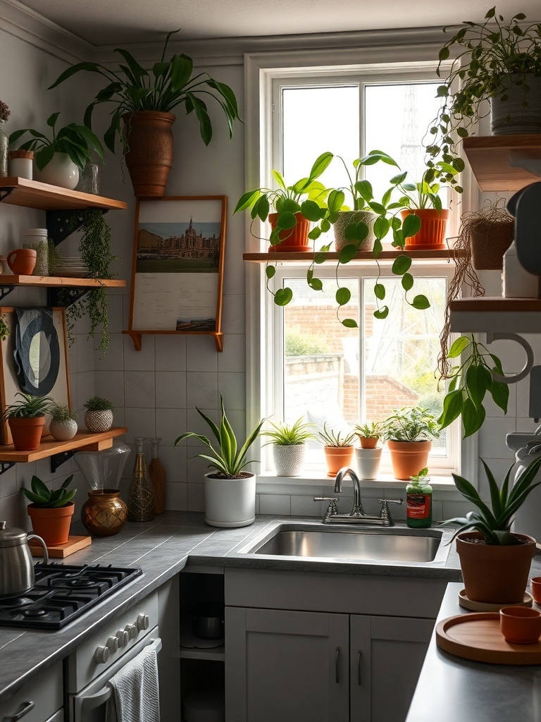 A small kitchen with various plants on shelves and windowsills, creating a fresh and lively atmosphere.