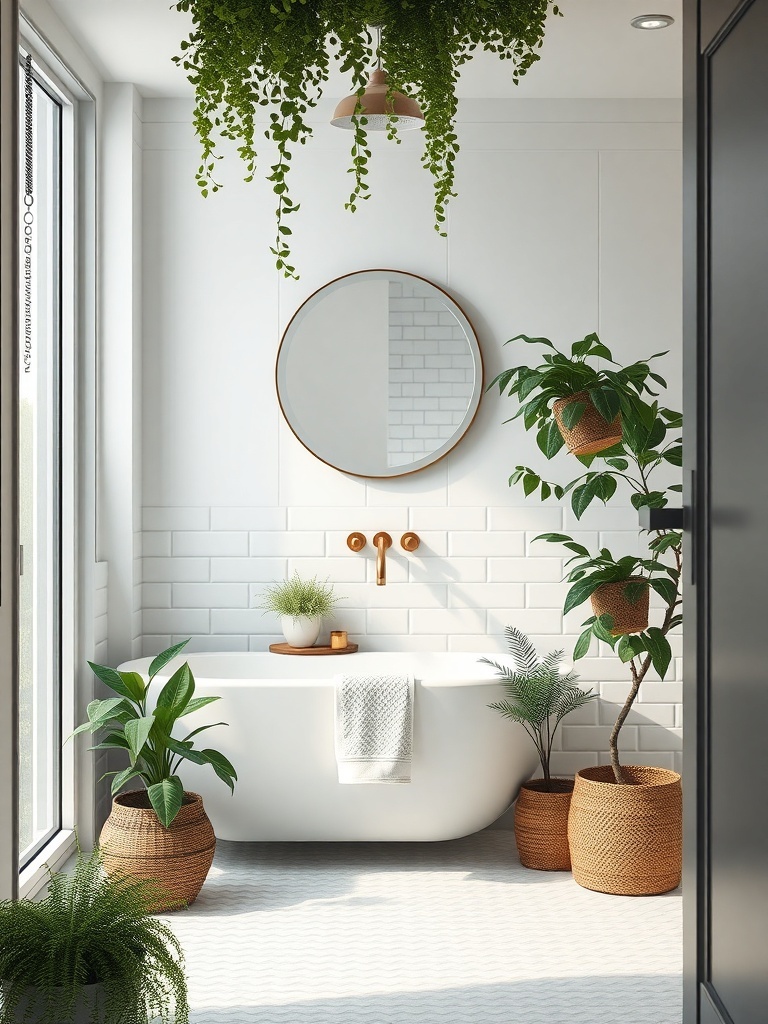 A small bathroom with a bathtub, large mirror, and various plants in woven pots, creating a fresh and inviting atmosphere.