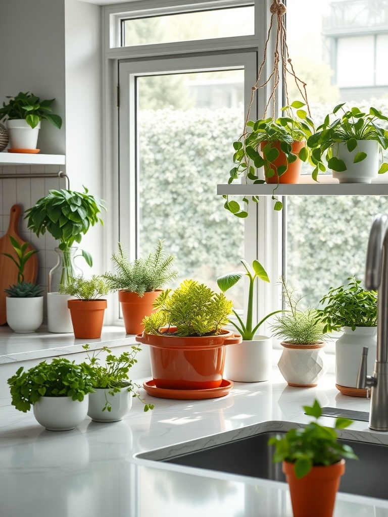 A bright kitchen filled with various potted plants on windowsills and shelves, adding freshness and greenery.
