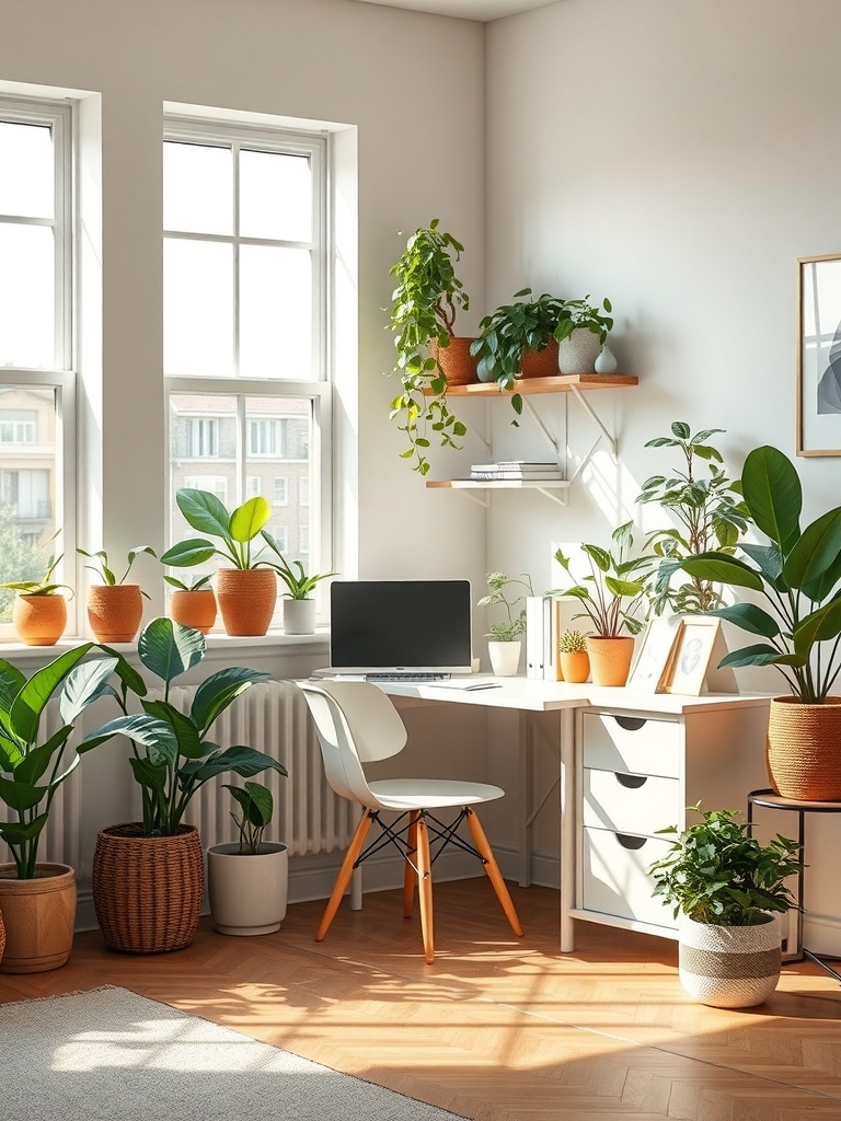A cozy workspace with a desk, computer, and various potted plants.