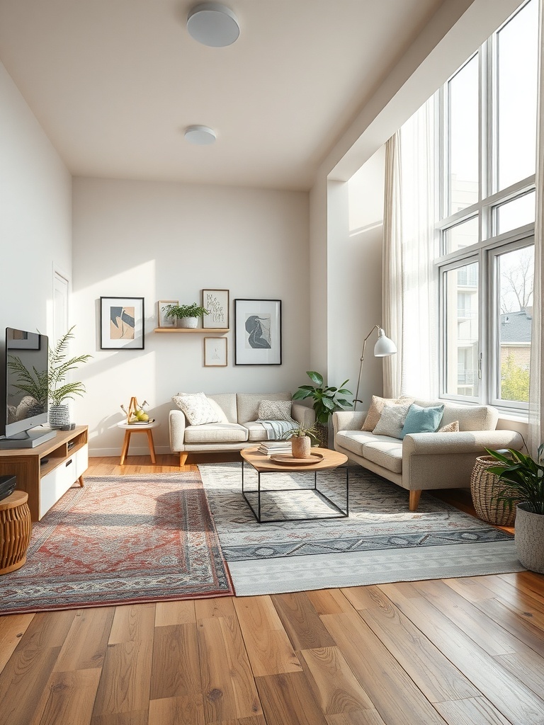 A cozy studio apartment featuring rugs that define different areas, with a sofa, coffee table, and plants.