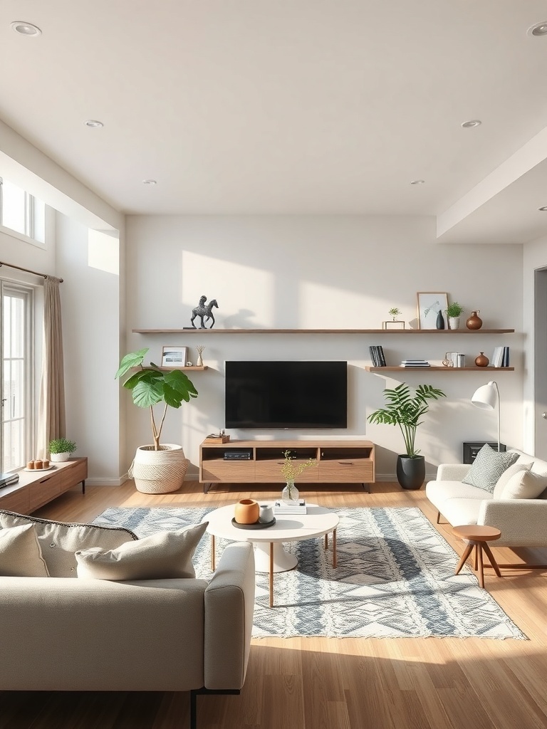 A stylish Scandinavian living room featuring a TV, plants, and modern furniture.