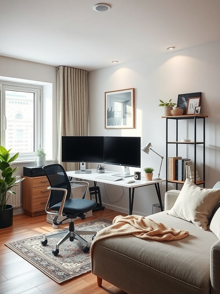 Compact home office with dual monitors, a comfortable chair, and a cozy sofa.