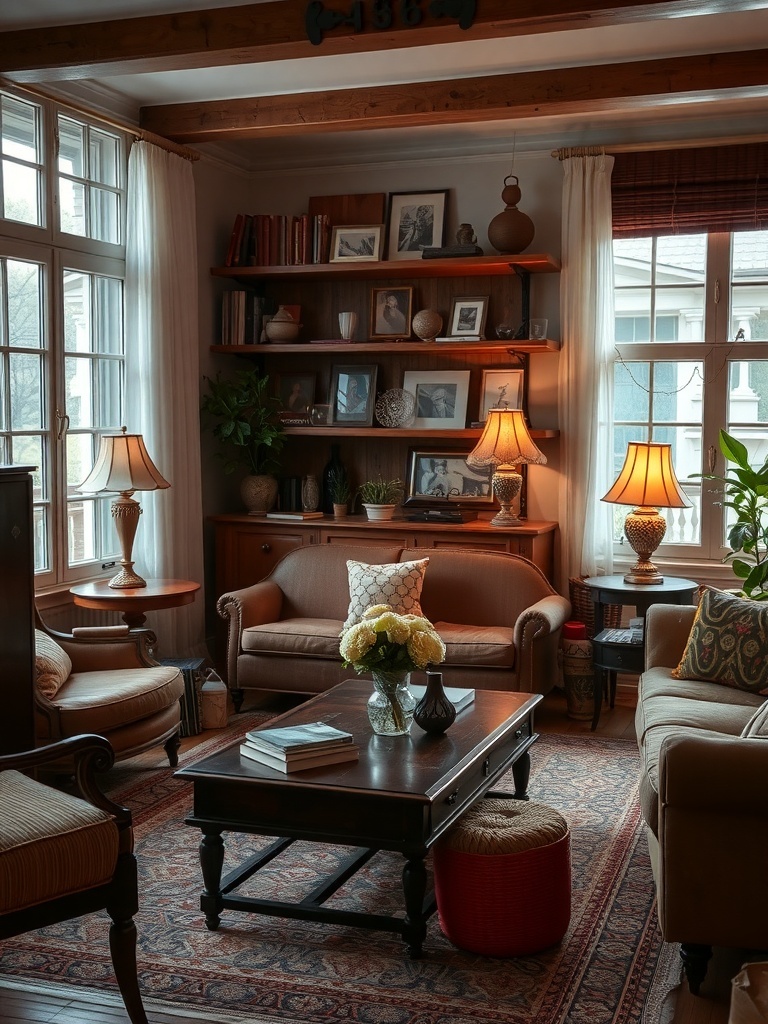 Cozy living room with vintage decor, featuring wooden shelves, soft lighting, and a mix of textures.