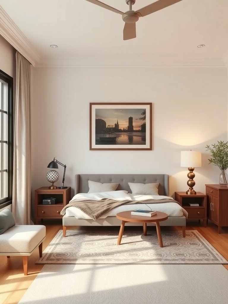 A modern bedroom featuring a cozy bed, vintage nightstands, and warm wood tones.