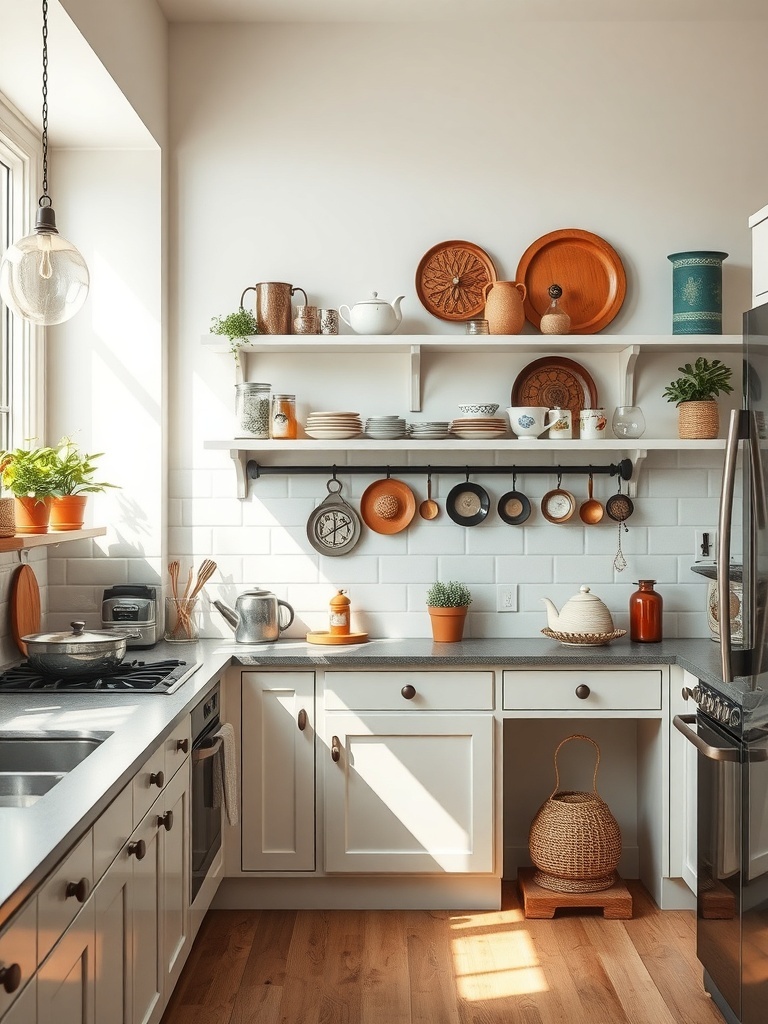 A cozy kitchen featuring vintage finds like wooden plates, a teapot, and potted plants, showcasing a blend of modern and rustic elements.