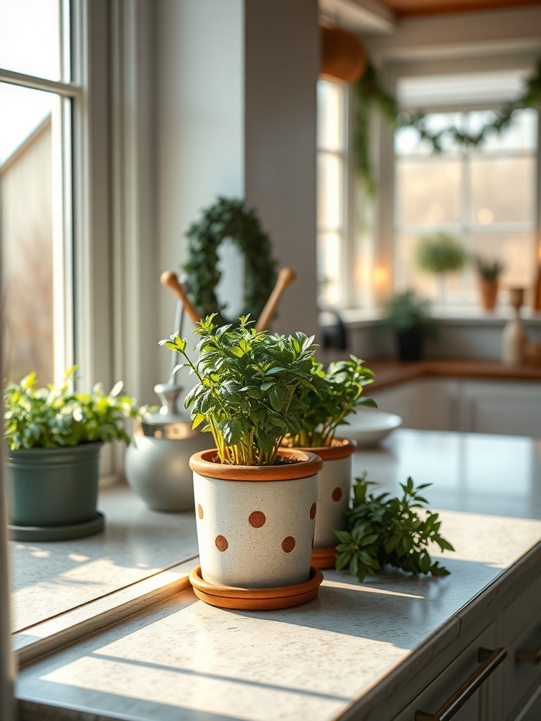 Indoor herb garden with pots of basil and mint on a kitchen counter.