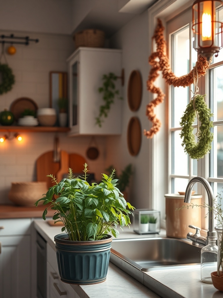 A cozy kitchen with a green indoor herb garden on the countertop.