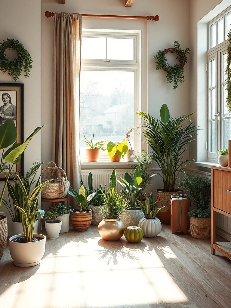 A cozy indoor plant corner with various potted plants and natural light.