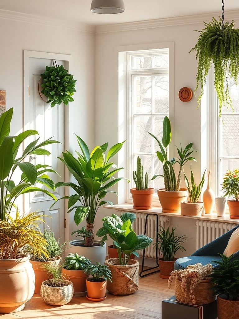 A cozy indoor space filled with various potted plants near a window.