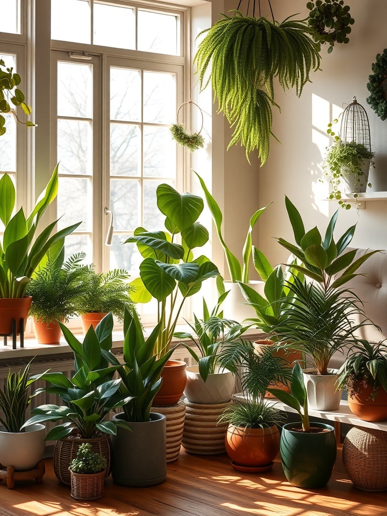 A bright indoor space filled with various potted plants near a window.