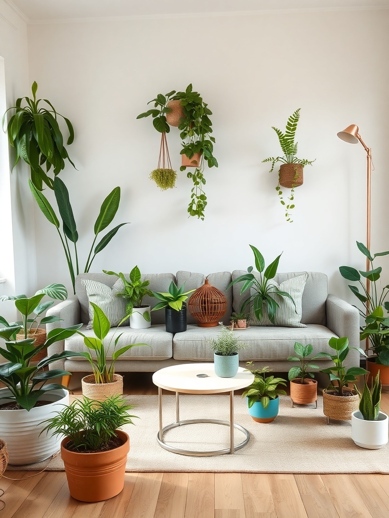 A cozy living room filled with various indoor plants around a gray sofa, showcasing a vibrant and inviting atmosphere.