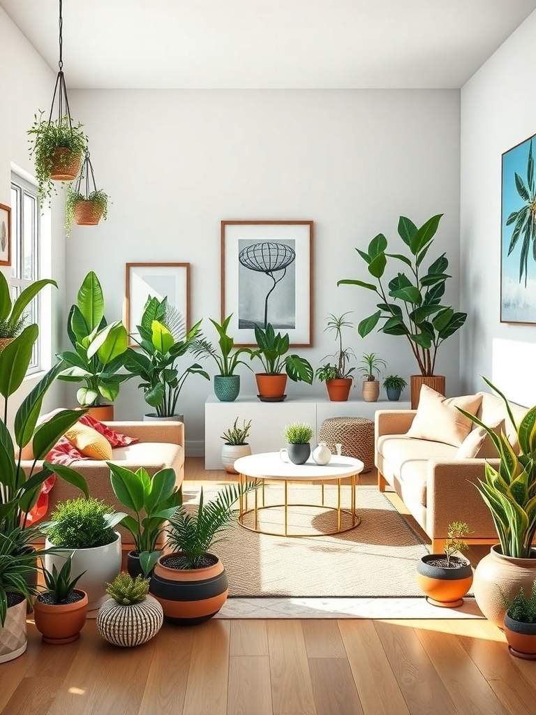 A bright and airy boho living room filled with various indoor plants, showcasing a cozy atmosphere.