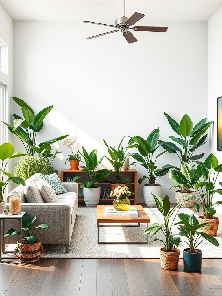 A bright farmhouse living room filled with various indoor plants, showcasing a cozy and fresh atmosphere.