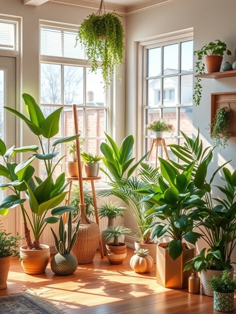 A bright indoor space filled with various indoor plants, showcasing a lively and fresh atmosphere.