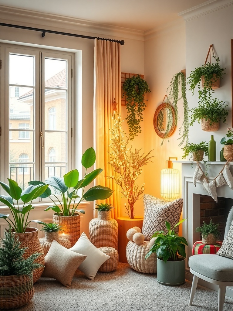 Cozy indoor space filled with various indoor plants and decorative pillows.