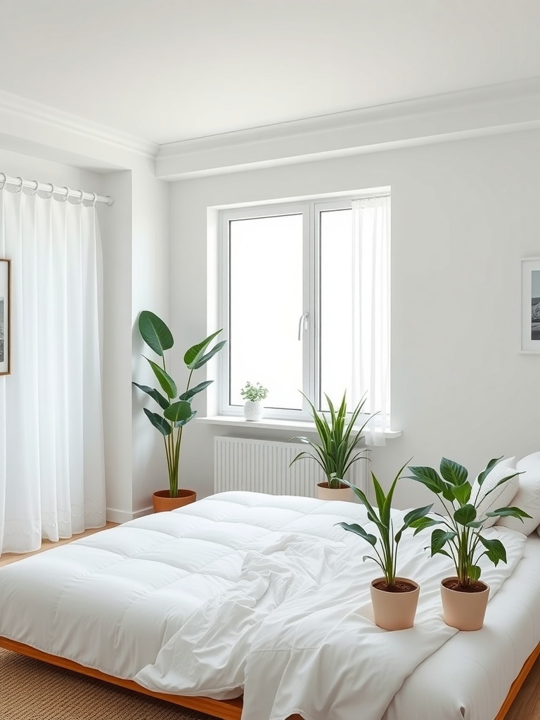 A minimalist bedroom with a cozy bed and indoor plants by the window