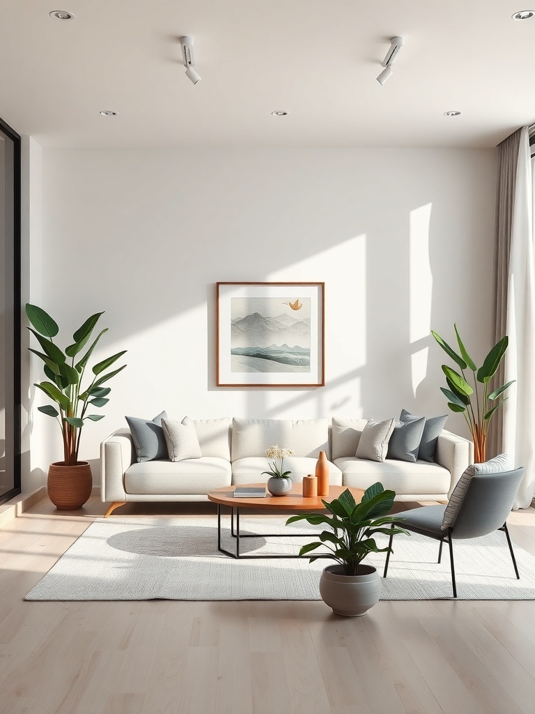 A minimalist living room featuring a light sofa, wooden coffee table, and several indoor plants.