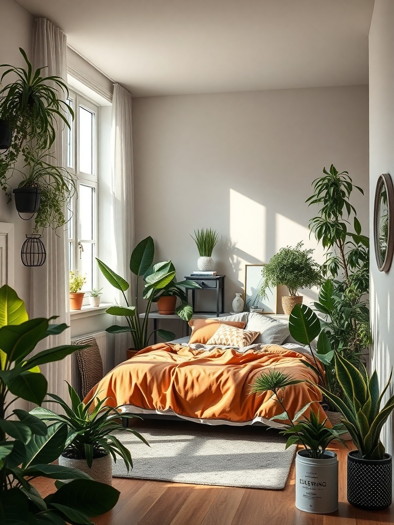 A cozy bedroom filled with various indoor plants, featuring an orange bedspread and natural light from a window.