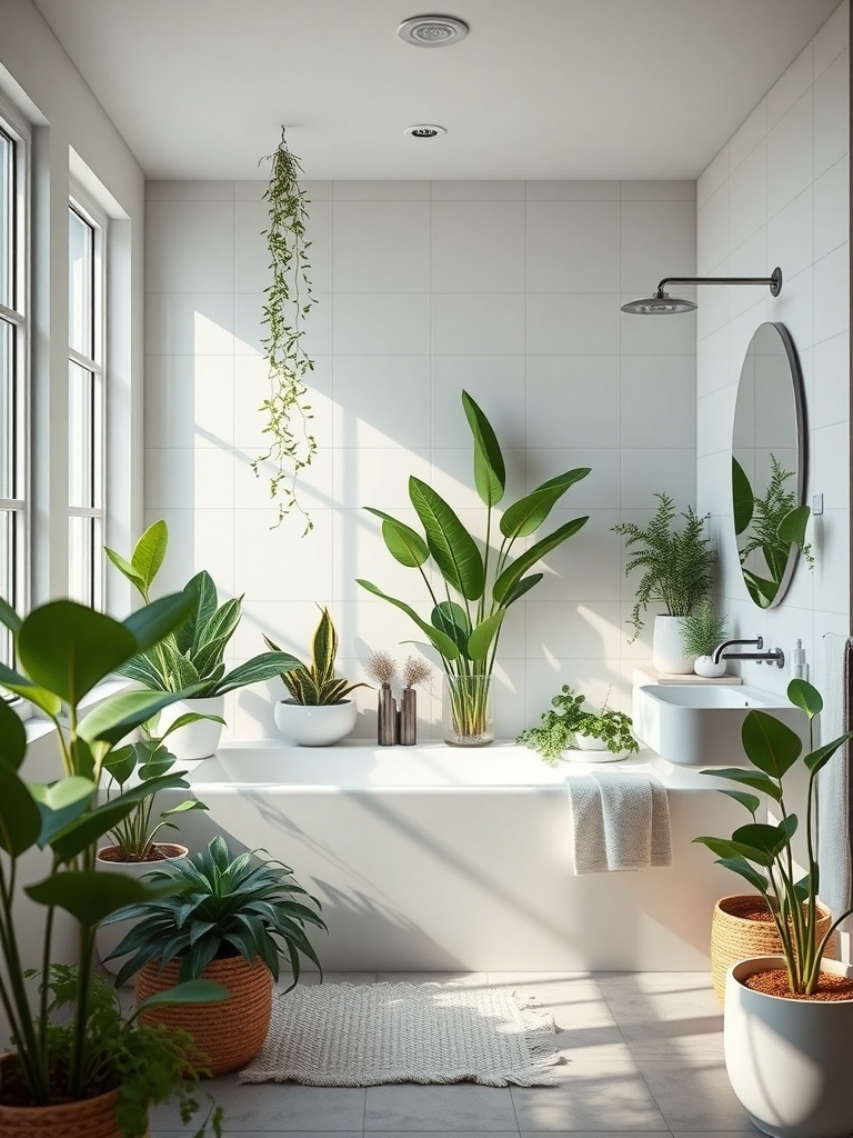 A modern bathroom filled with various indoor plants, featuring a bathtub and natural light.
