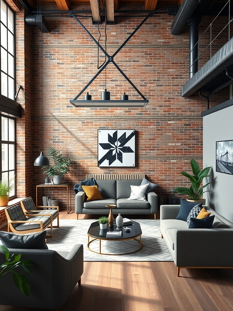 A stylish industrial chic living room with exposed brick walls, modern furniture, and natural light.