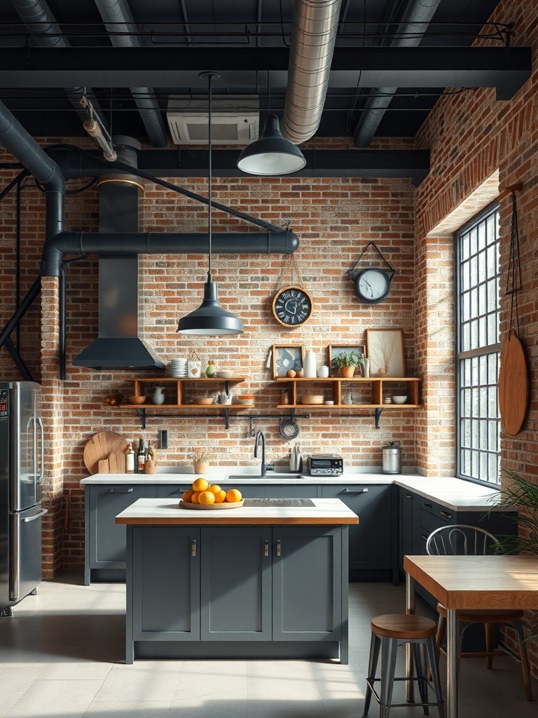 A modern industrial kitchen featuring exposed brick walls, metal fixtures, and wooden accents.