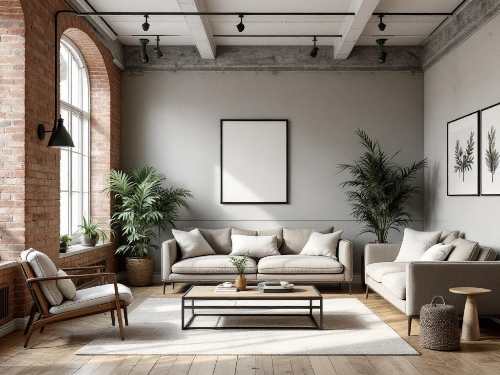 A modern industrial style living room featuring exposed brick walls, large windows, neutral furniture, and potted plants.