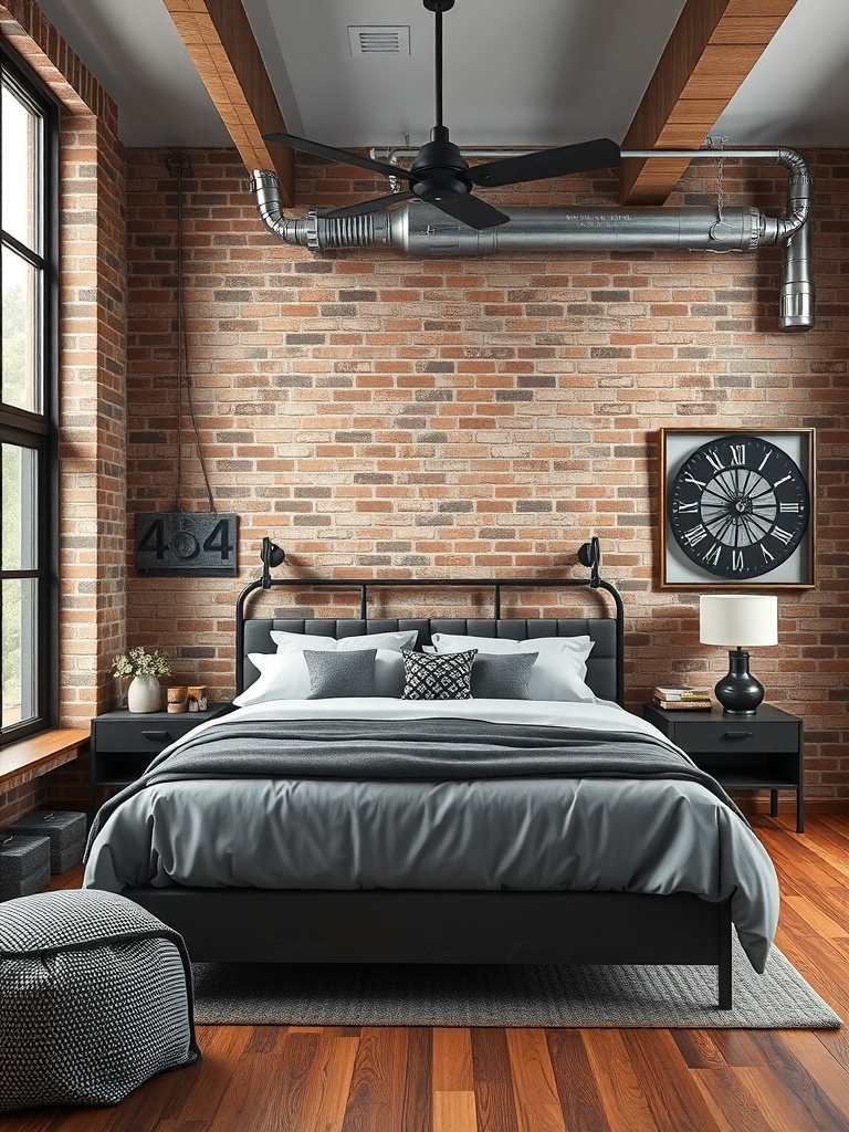 Industrial style bedroom with exposed brick wall and metal accents