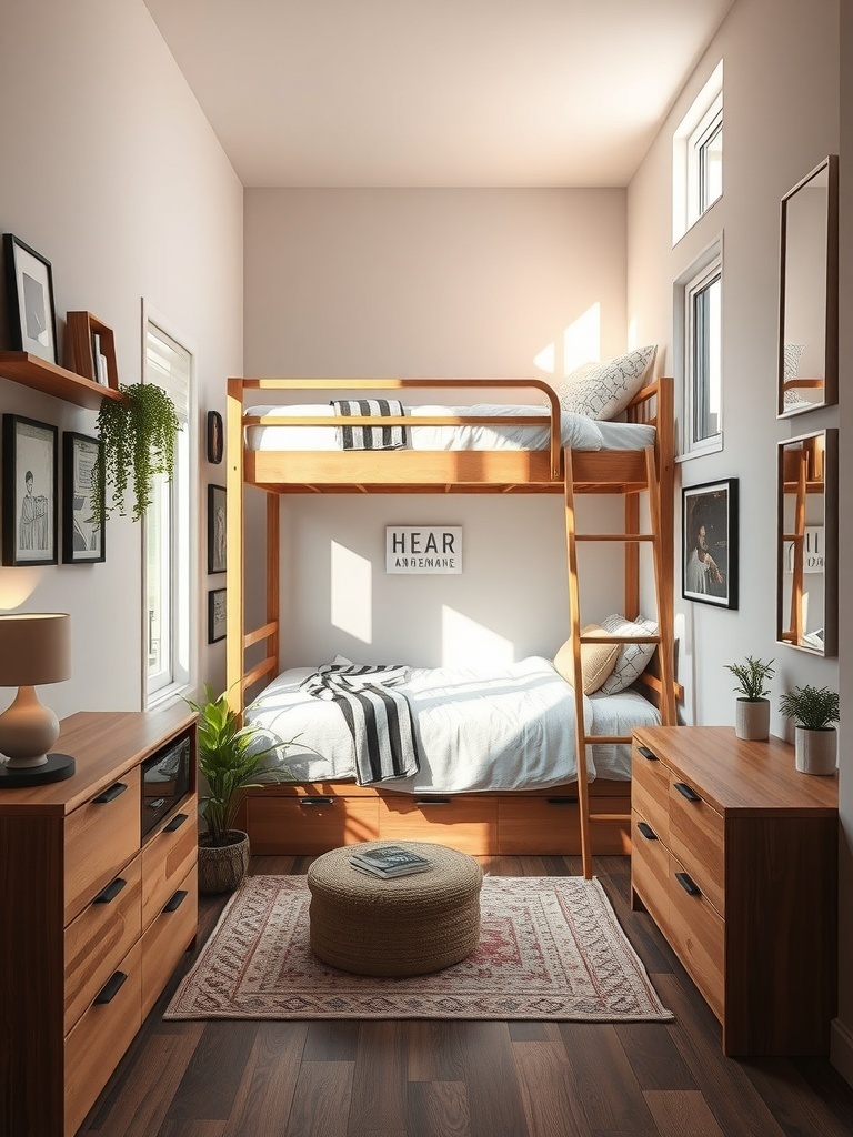 A narrow bedroom featuring a bunk bed, wooden furniture, and decorative elements.